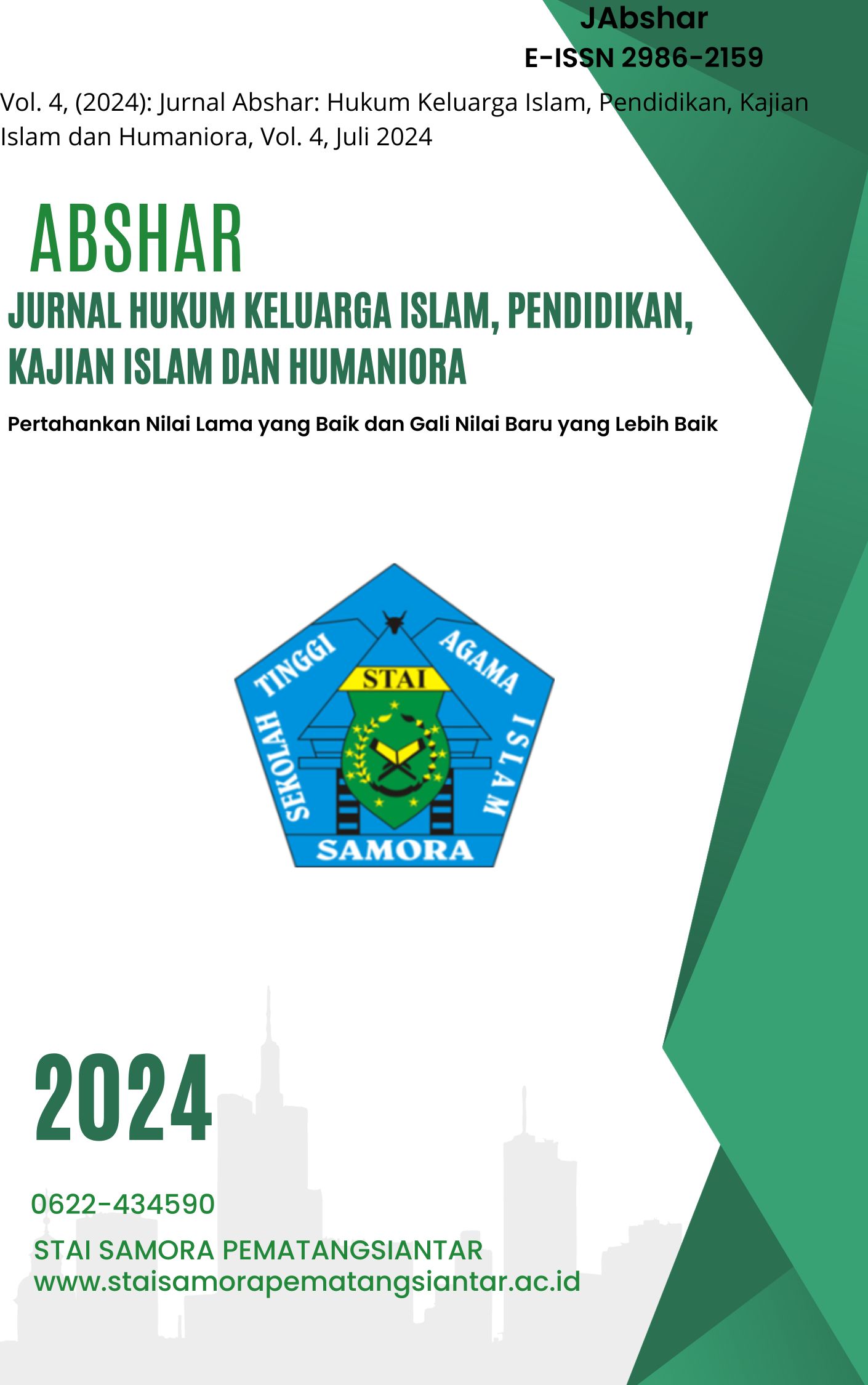 					View Vol. 4 (2024): Jurnal Abhsar: Hukum Keluarga Islam, Pendidikan, Kajian Islam dan Humaniora
				